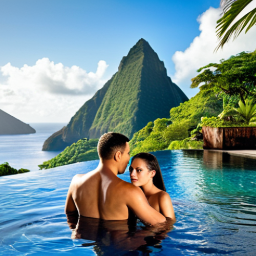 Home 4 **
A picturesque view of Jade Mountain resort in St. Lucia, showcasing its open-air sanctuaries and private infinity pools with the Pitons majestically rising in the background. Capture the essence of luxury and romance with a couple enjoying the breathtaking scenery.
**