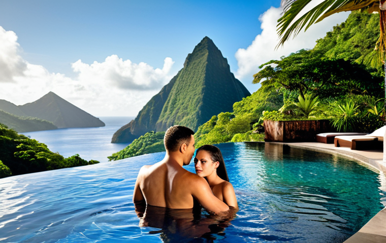 **
A picturesque view of Jade Mountain resort in St. Lucia, showcasing its open-air sanctuaries and private infinity pools with the Pitons majestically rising in the background. Capture the essence of luxury and romance with a couple enjoying the breathtaking scenery.
**