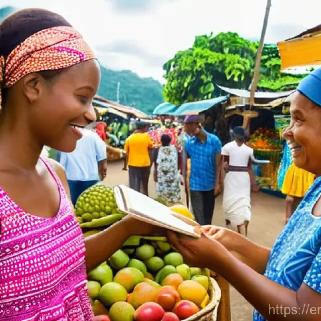 세인트루시아 크리올어 배우기 - **Prompt 1: Vibrant Market Connection in Saint Lucia**
    "A bright, cheerful scene at a bustling o...