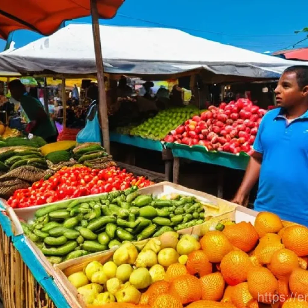 세인트루시아에서의 동물 보호 - **Stray Dog in a Bustling St. Lucian Market:** A medium-sized, scruffy terrier mix dog with light br...