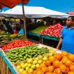 Home 20 세인트루시아에서의 동물 보호 - **Stray Dog in a Bustling St. Lucian Market:** A medium-sized, scruffy terrier mix dog with light br...