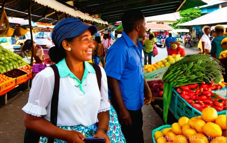 세인트루시아에서 불법 행위 사례 - Bustling Castries Market Scene with Savvy Travelers**

**Prompt:** A vibrant, sun-drenched scene in ...