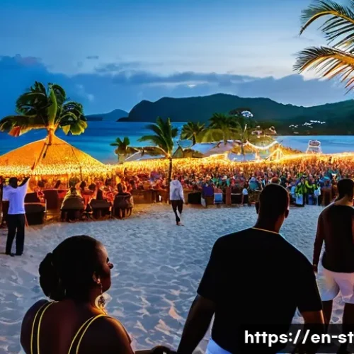 Home 15 세인트루시아의 나이트라이프 - A lively open-air beach party at sunset in Saint Lucia’s Rodney Bay, featuring a diverse crowd danci...
