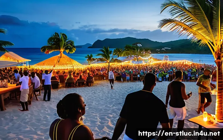 세인트루시아의 나이트라이프 - A lively open-air beach party at sunset in Saint Lucia’s Rodney Bay, featuring a diverse crowd danci...