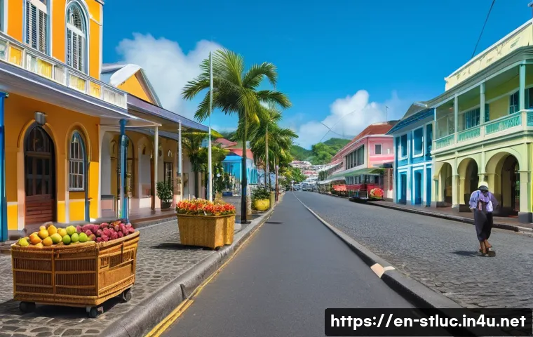 세인트루시아 영국 식민지 시대 - A vibrant street scene in Castries, Saint Lucia, showcasing British colonial-era architecture with p...