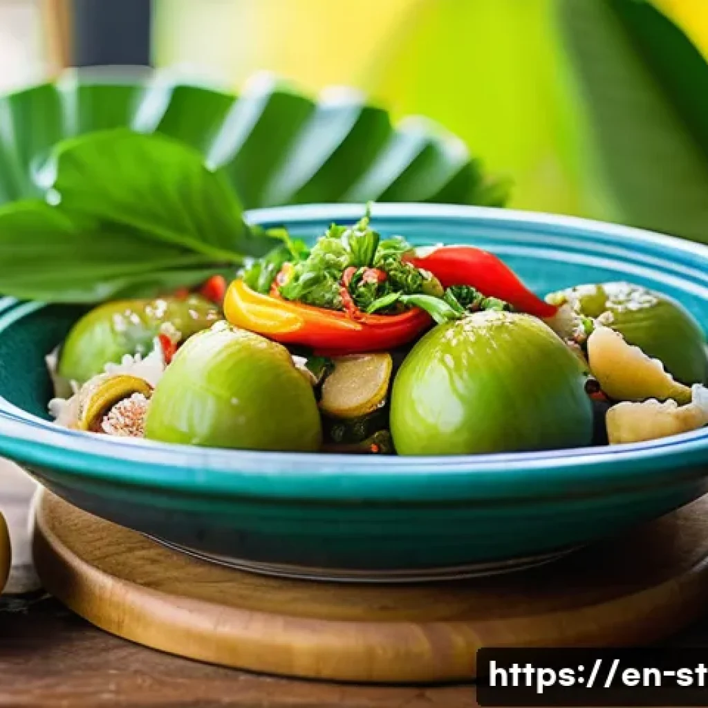 세인트루시아 전통 요리 - A vibrant Saint Lucian kitchen scene showcasing a traditional Green Fig and Saltfish dish on a rusti...
