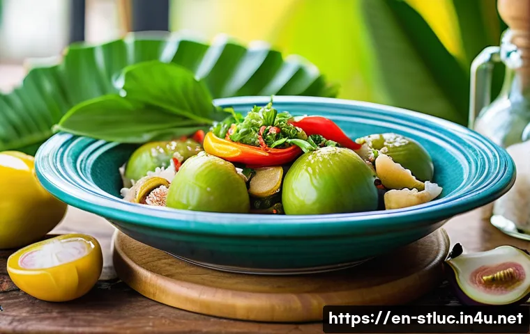 세인트루시아 전통 요리 - A vibrant Saint Lucian kitchen scene showcasing a traditional Green Fig and Saltfish dish on a rusti...