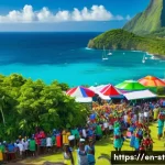 세인트루시아 이민 및 거주 - A vibrant tropical Caribbean island scene showing a diverse group of expats and locals enjoying a cu...