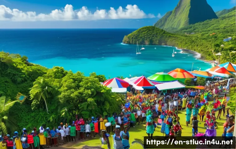 세인트루시아 이민 및 거주 - A vibrant tropical Caribbean island scene showing a diverse group of expats and locals enjoying a cu...