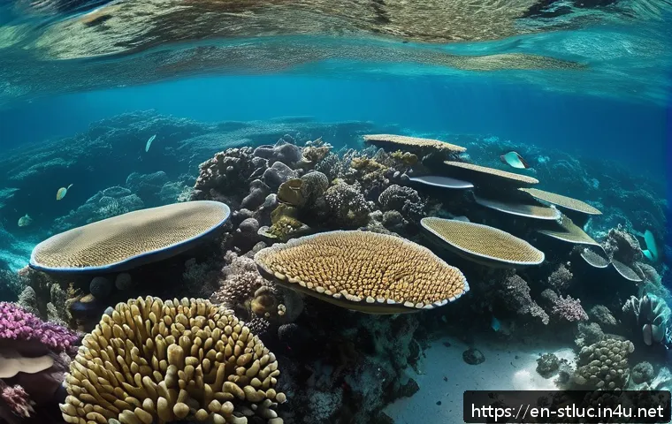 세인트루시아 스노클링 명소 - A serene underwater scene showcasing Saint Lucia’s hidden coral gardens, featuring vibrant and healt...