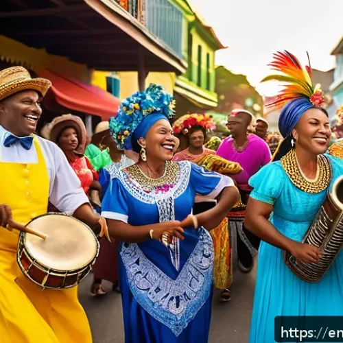 세인트루시아 민속 음악 - A vibrant Saint Lucian street carnival scene at sunset, featuring a diverse crowd of joyful people d...