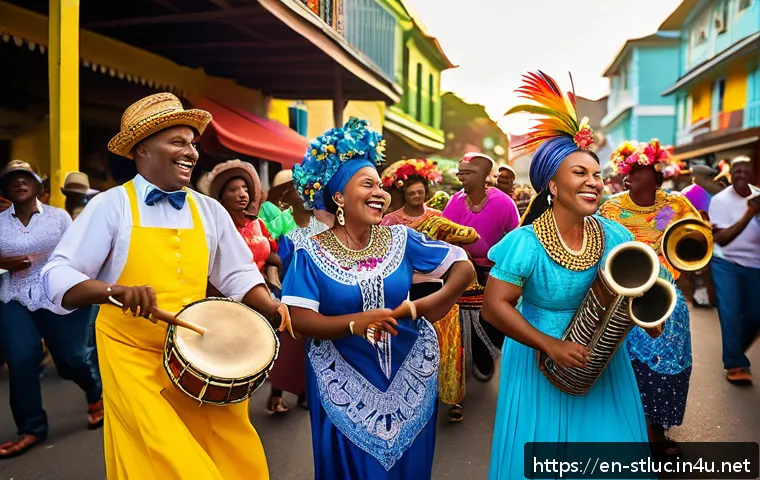 세인트루시아 민속 음악 - A vibrant Saint Lucian street carnival scene at sunset, featuring a diverse crowd of joyful people d...