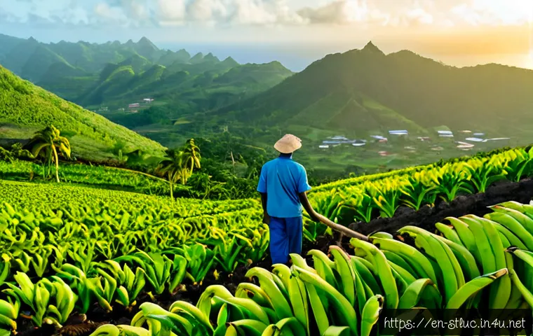 세인트루시아 농업과 어업 - Photorealistic wide view of a Saint Lucia banana farm on lush volcanic hills, local farmer in practi...